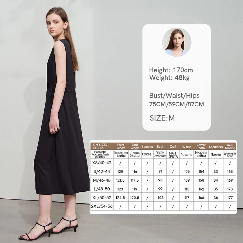 Minimalism Dresses 2025 Summer Vocation Women Loose Long Dresse Sleeveless High Waist Design Bead Drawstring Dress 12542177