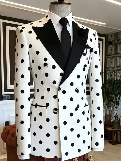 Men's Slim Fit White Black Polka Dot Double Breasted Blazer Satin Peak Lapel Suit Jacket For Formal Business Groom Wedding Party