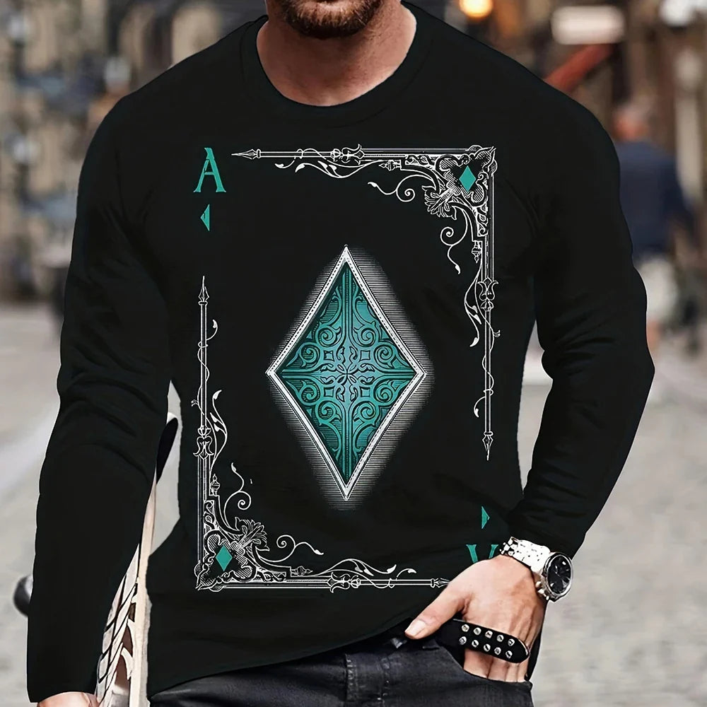 Summer Men's T-Shirt Big Size Loose Retro Short Sleeve Fashion American Poker Letter Print O Neck Long Sleeve Autumn Shirt
