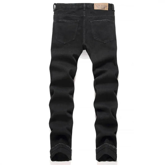 Autumn And Winter Retro Black Ripped Jeans Men'S Straight Leg Pants Pentagram Patch Casual Jeans Pants