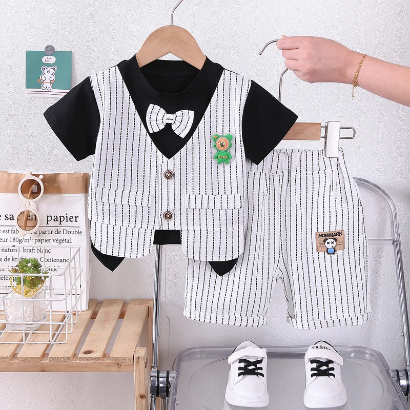New Summer Kids Boys Clothes High Qulity Short Sleeve Gentleman Patchwork T Shirt Pants Toddler Boy Clothing Casual Outfits