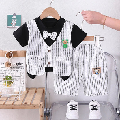 New Summer Kids Boys Clothes High Qulity Short Sleeve Gentleman Patchwork T Shirt Pants Toddler Boy Clothing Casual Outfits