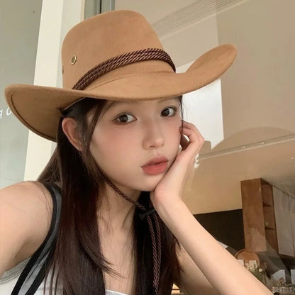 Fashion Western Style Western Cowboy Hat Ethnic Style Large Brim Felt Fedora Hats Grassland Sun Hat Unisex