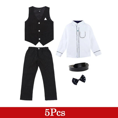 2PCs/5Pcs Kids Boy Gentleman Formal Suit White T-shirt Black Blue Stripe Set Children Birthday Party Wedding Clothing