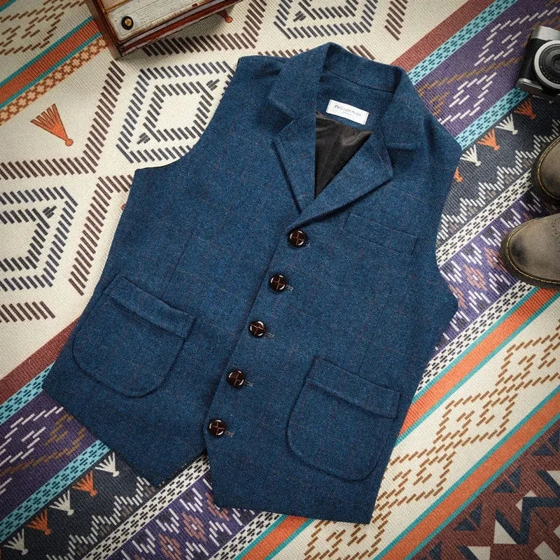Men Vest Royal Blue Steampunk Formal Male Ethnic Herringbone Wool Tweed Vintage For Wedding Business Banquet Waistcoat