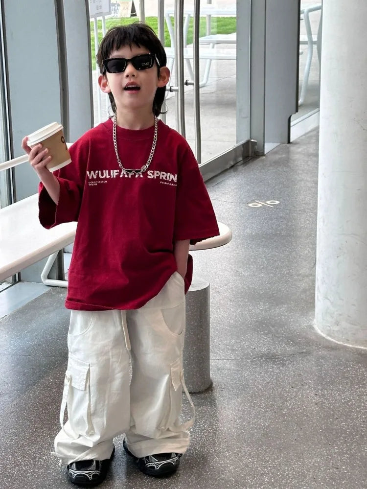 Red Cotton T-Shirt for Tween Boys Girls Loose Fitting Trendy Unisex Summer Top with Embroidered Letters Youthful Casual Wear
