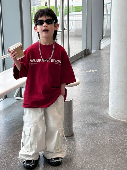 Red Cotton T-Shirt for Tween Boys Girls Loose Fitting Trendy Unisex Summer Top with Embroidered Letters Youthful Casual Wear