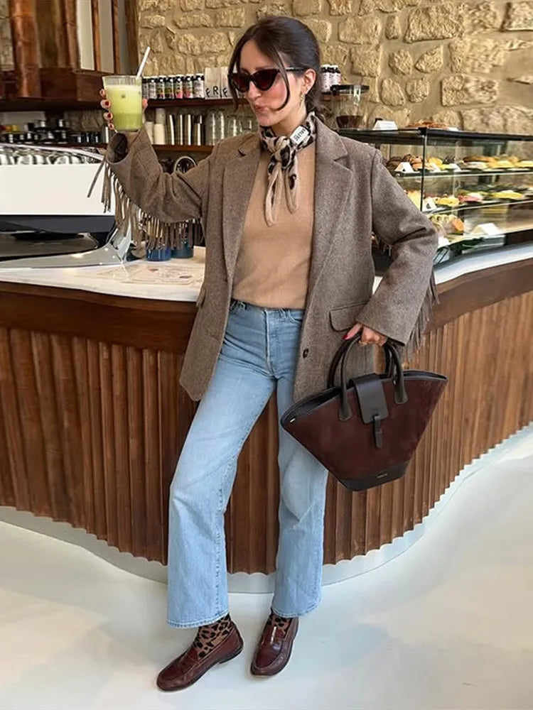 Tassels Woolen Suit Jacket Women Elegant Turn-down Collar Long Sleeve Single Breasted Pocket Autumn Winter Coats New Outerwears