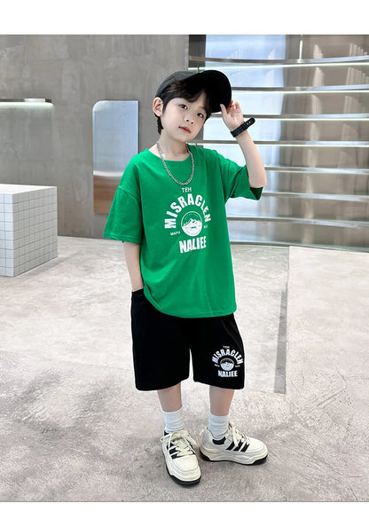 Summer Boys Cotton Leisure Print T-Shirt Top+Shorts Pant Contrast Set School Kids 2PCS Tracksuit Children Vacation Outfit 5-16Yr