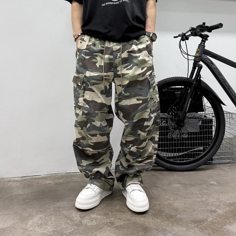 Vintage Camouflage Cargo Pants Men Tactical Multi Pocket Loose Fit Straight Leg Outdoor Casual High Quality Work Pants Trendy