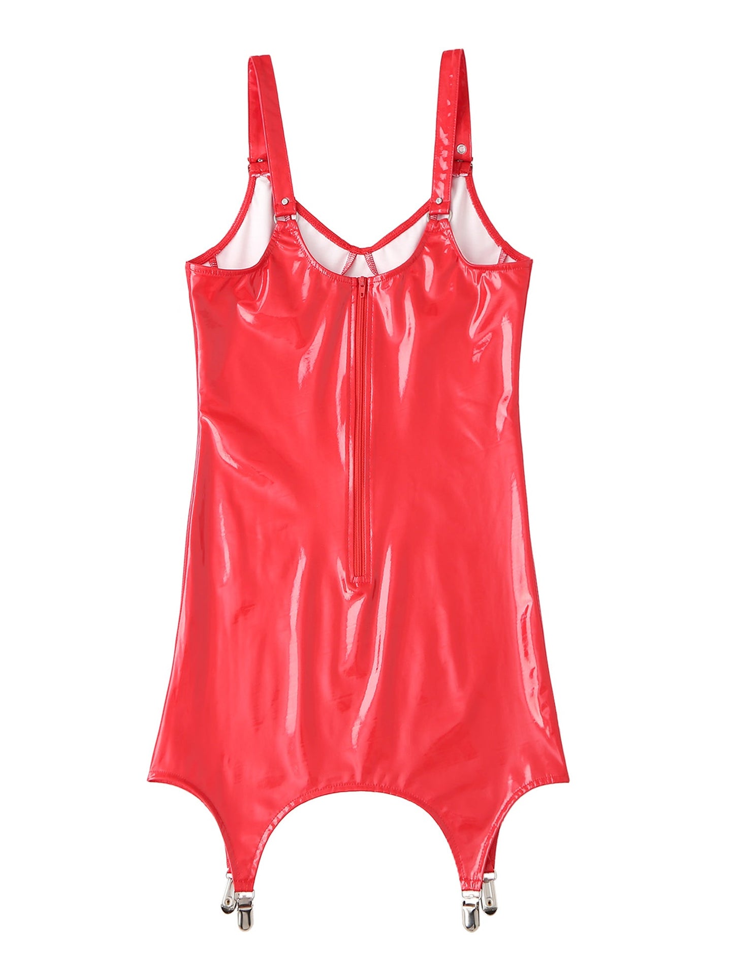 Womens Shiny Metallic PVC Leather V-Neck Mini Dress Chemise Wet Look Night Club Bodycon Babydoll Clubwear with Garter Belt