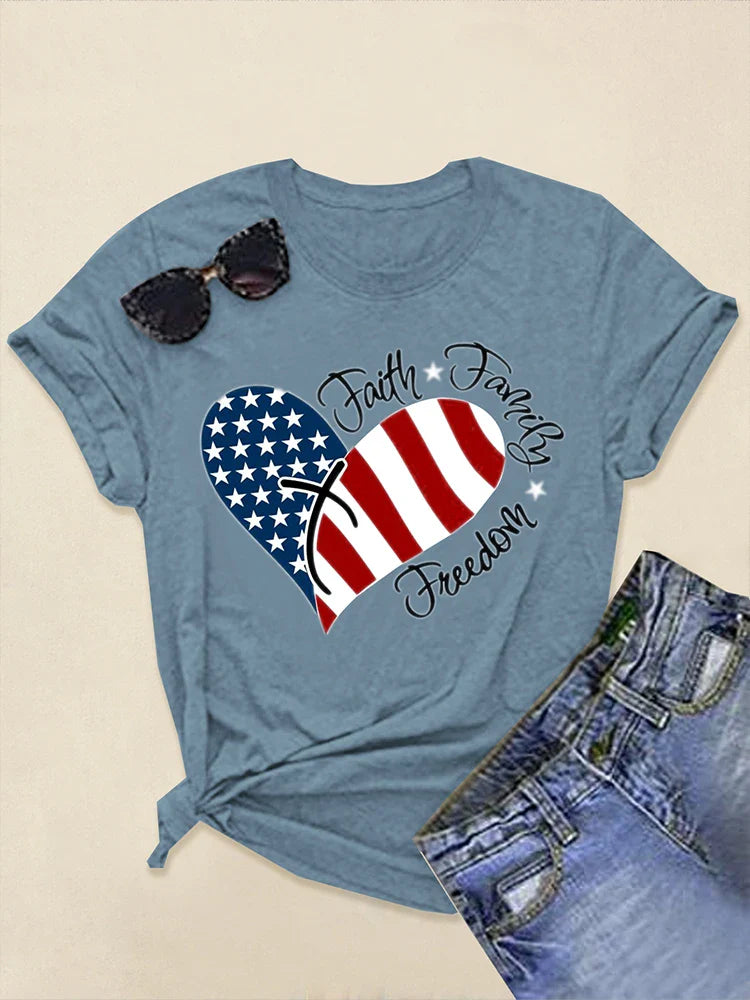 plus Size Women's round Neck Short Sleeve Top Featuring American Flag Design for Independence Day Summer Fashion Outfit