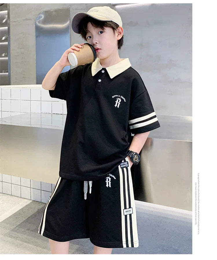 Boys Set Summer Children Clothing Korean Style Costumes Cotton Polo Shirt Shorts 2pcs Kids Casual Outfits Tracksuit Age 5-14 Y