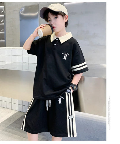 Boys Set Summer Children Clothing Korean Style Costumes Cotton Polo Shirt Shorts 2pcs Kids Casual Outfits Tracksuit Age 5-14 Y