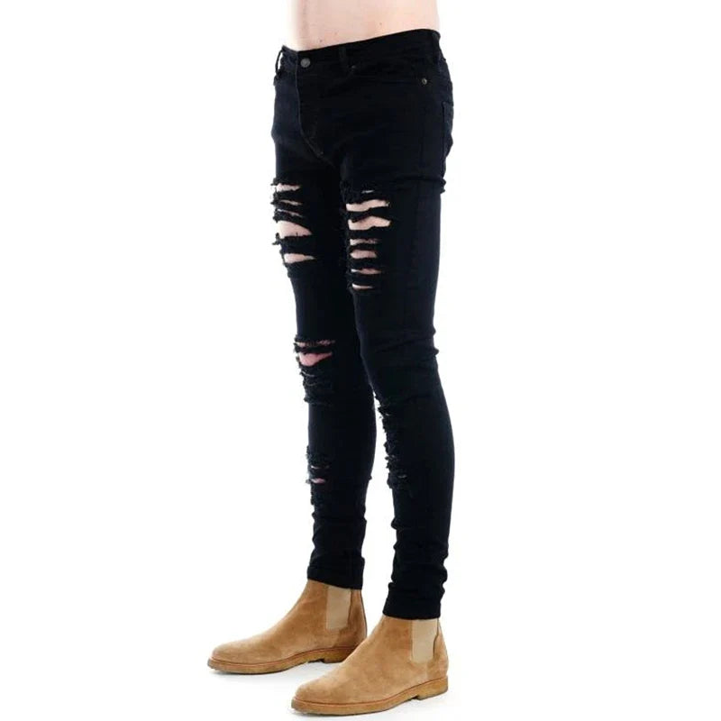Black Men Jeans Narrow Feet High Street Punk Rock Micro Elastic Fabric Man Ripped Jean Cultivate Morality Hardcore Pants