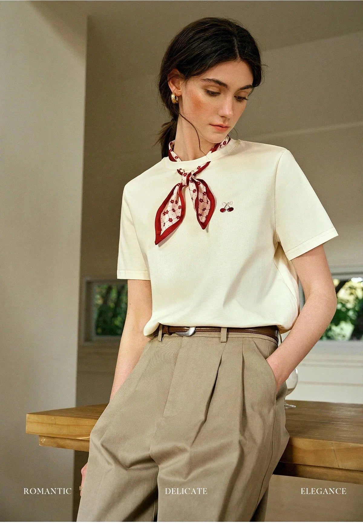 Women T-Shirt 2026 New Summer Neckline Hollow Tops French Style Silk Scarf with Embroidered Short-sleeved Tees O57XT96396
