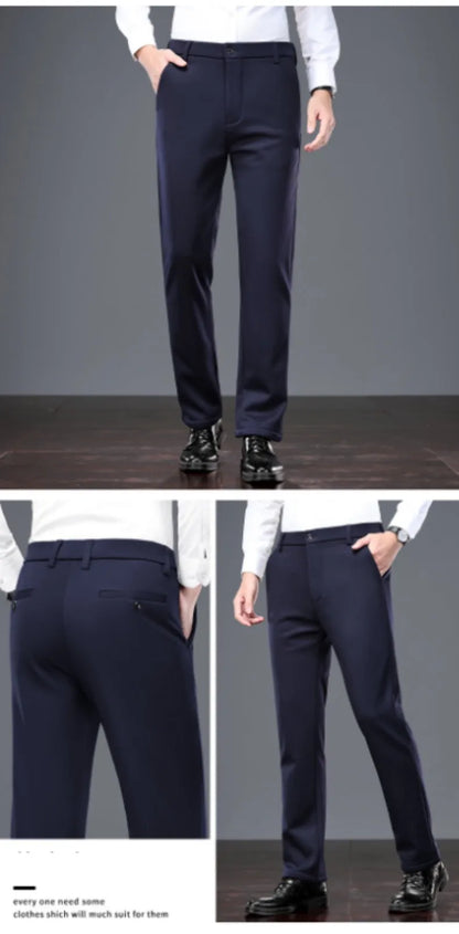 Mid Age Mens Pants Winter Thermal Dress Trousers Thick Warm Business Casual Office Wear Elastic Waistband Plus Size