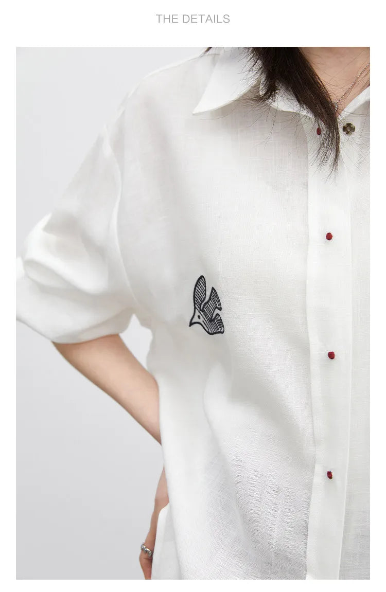 Fashion Women Shirt White Single-breasted Loose Casual Long Sleeve Pony Embroidered Female Blouses Spring Summer 2026
