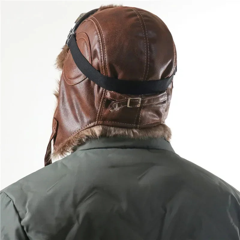Winter Men Bomber Hat With Goggles Outdoor Motorcycle Windproof Warm Faux Fur Pilot Earflap Hat Leather Thermal Ushanka