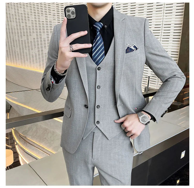 Winter Stripes Three-piece High-Grade Groom Wedding Suit with Vest And Trousers Business Fashion Handsome Casual Wedding Outfit