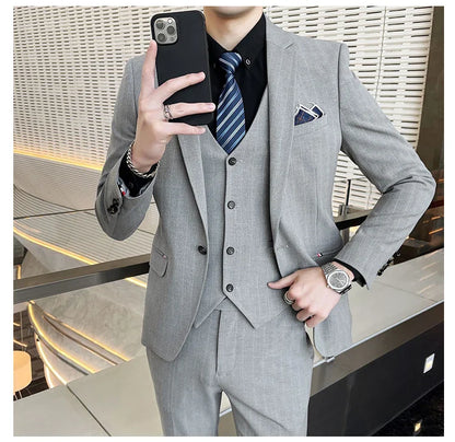 Winter Stripes Three-piece High-Grade Groom Wedding Suit with Vest And Trousers Business Fashion Handsome Casual Wedding Outfit