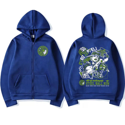 Anime Jojo Bizarre Adventure Zipper Hoodies Gyro Zeppeli STEEL BALL RUN Manga Zip Up Hooded Sweatshirts Men Casual Pullover Coat