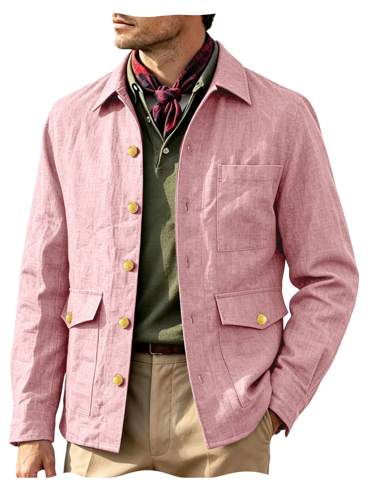 Vintage Men's Linen Jacket Lapel Collar Gold Button Casual Slim Fit Coat Lightweight Breathable for Formal Daily Office Wear