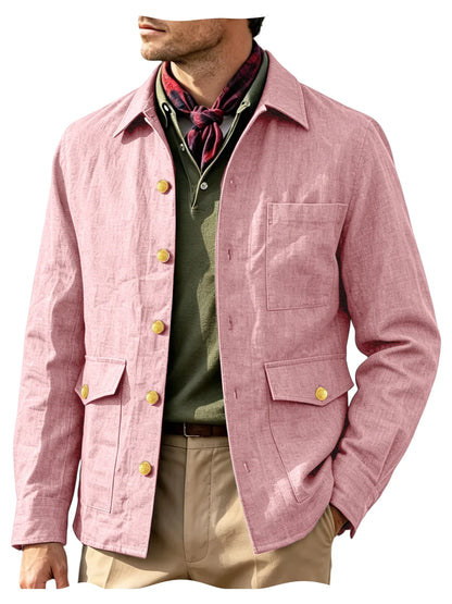 Vintage Men's Linen Jacket Lapel Collar Gold Button Casual Slim Fit Coat Lightweight Breathable for Formal Daily Office Wear