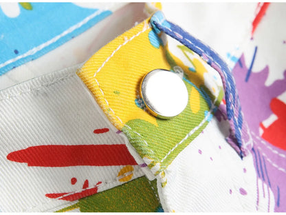 Men Fancy Color Painted Shorts Summer Y2K Stretch Denim Breeches Digital Print White Jeans