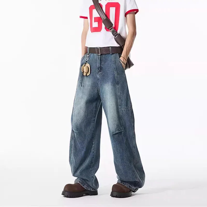 Spring And Summer Retro Blue Curved Knife Jeans Korean Version Men'S Loose Straight Leg Pants Wide Leg Casual Pants