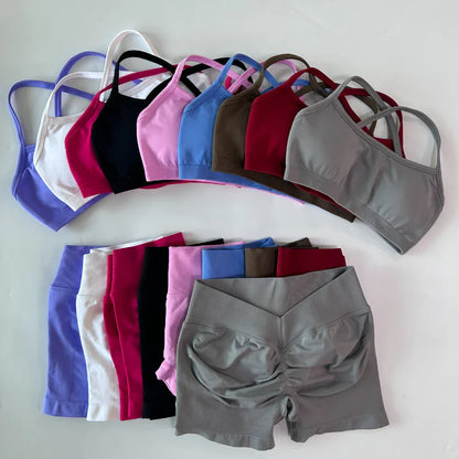 2 Pieces Set For Woman Clothes Seamless Scrunch Yoga Shorts Set Backless ktp Sports Bra Fitness Workout Top Gym Set Outfits