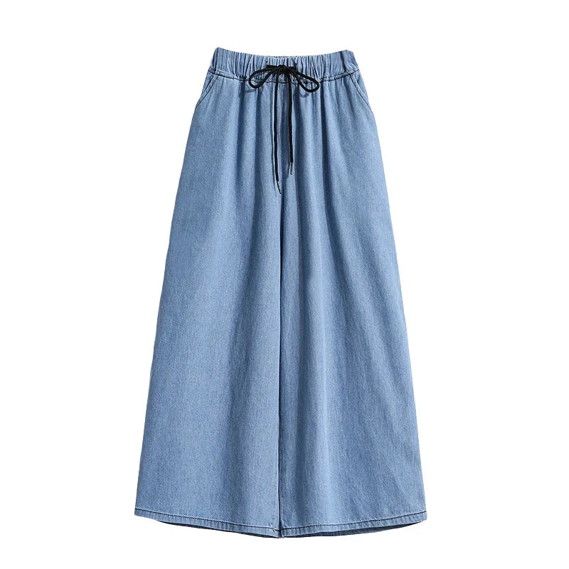 Loose Waist Dstring Denim Wide Leg Pants Women's plus Size Slimming Casual Straight Workwear Seven-Foot Pants Summer