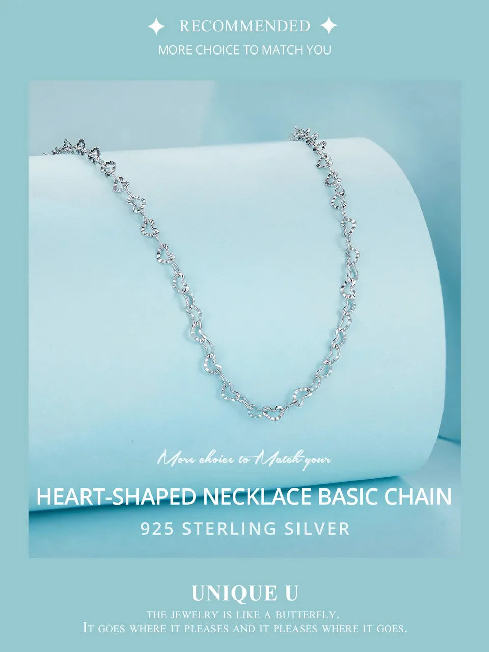 Real 925 Sterling Silver Trendy Heart-Shaped Basic Chain Link Lobster Clasp Adjustable Necklace for Women
