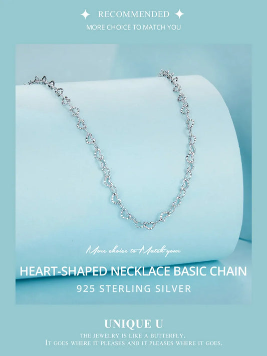 Real 925 Sterling Silver Trendy Heart-Shaped Basic Chain Link Lobster Clasp Adjustable Necklace for Women