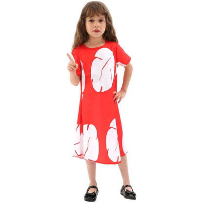 Costume Girl Cosplay Red Dress Short Sleeve Pajamas Hawaiian Printed Dress Summer Beach Outfit + Stitch Doll Set
