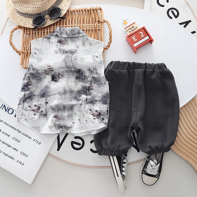 Summer 0-5 years Baby Boys Clothes Sets fashion Chinese style Sleeveless shirt and shorts baby infant set Unisex Costumes cotton