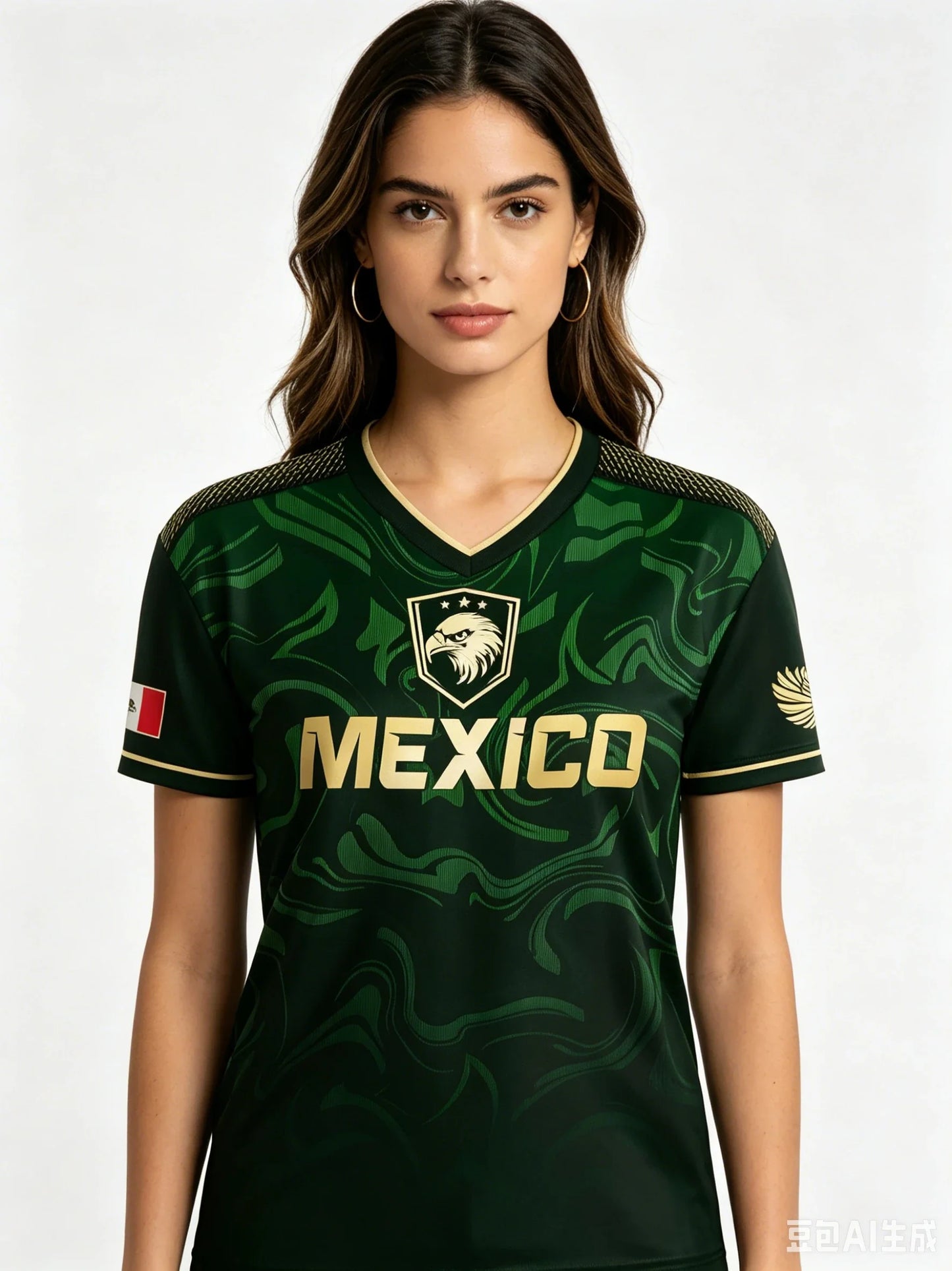 Mexico National Flag 3D Eagle Print Women's T-Shirts Casual V-neck Short Sleeve Tees Fashion Football Fan Summer Female Clothing