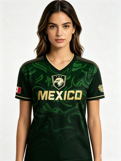 Mexico National Flag 3D Eagle Print Women's T-Shirts Casual V-neck Short Sleeve Tees Fashion Football Fan Summer Female Clothing