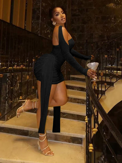 Mesh Simple Mini Dress Fashion Solid Strapless Ribbons Tassel Body-shaping Vestidos+Seperately Full Sleeve Gloves