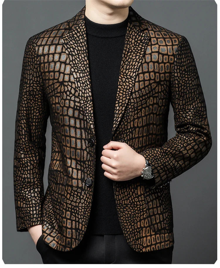 Luxurious Sheepskin Blazers For Men Smooth Casual Leather Jacket Winter Top Quality Leopard Print Slim Gentleman Terno Masculino