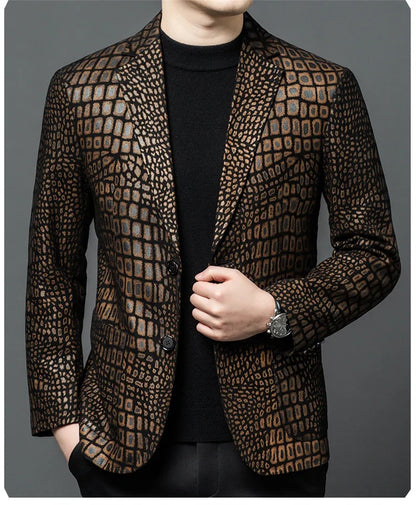 Luxurious Sheepskin Blazers For Men Smooth Casual Leather Jacket Winter Top Quality Leopard Print Slim Gentleman Terno Masculino