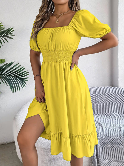 Spring Summer Elegant High Waisted Dress Square Neck Short Sleeved Ruffled Edge Long Dresses 2026 Valentine's Day Woman Clothing