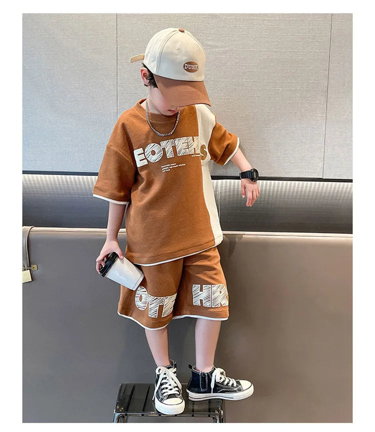 Summer Boys Contrast Patchwork Alphabet Waffle Tee Tops+Shorts Pant School Kids Tracksuit Child 2PCS Outfit Workout Set 5-16 Yr