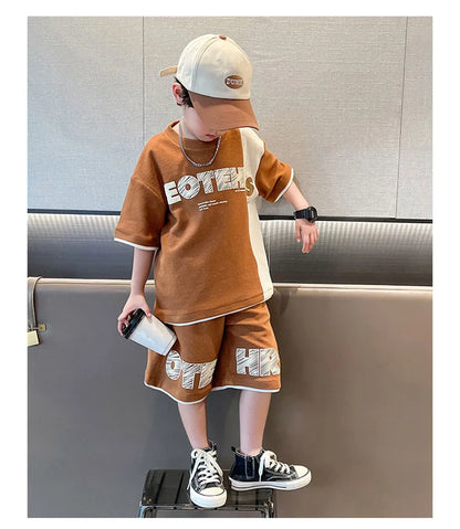 Summer Boys Contrast Patchwork Alphabet Waffle Tee Tops+Shorts Pant School Kids Tracksuit Child 2PCS Outfit Workout Set 5-16 Yr