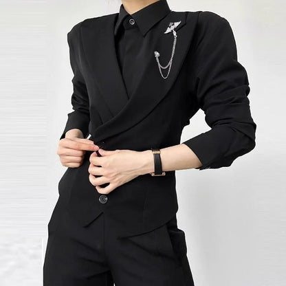 Men Vest Korean Simple Solid Turn Down Collar Sleeveless Man Waistcoat Slim Double-breasted Versatile Male Suit Vest