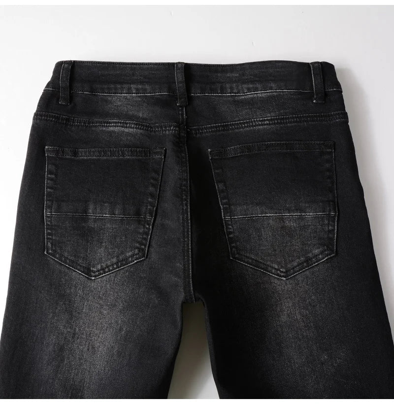 Men's Cracked Red Pleated Patch Biker Jeans Streetwear Patchwork Stretch Denim Pants Skinny Tapered Black Trousers