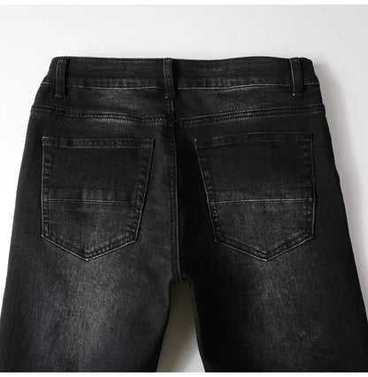 Men's Cracked Red Pleated Patch Biker Jeans Streetwear Patchwork Stretch Denim Pants Skinny Tapered Black Trousers