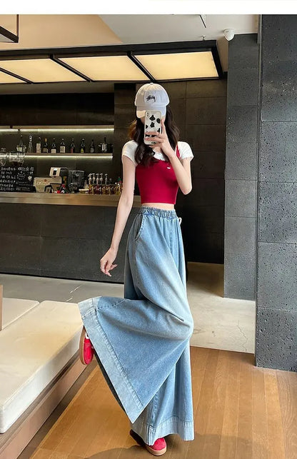 Casual High Waist Wide Leg Jeans Women's Loose Fit Summer Faion plus Size American Sle Cuffed Casual Denim Skirt Pants