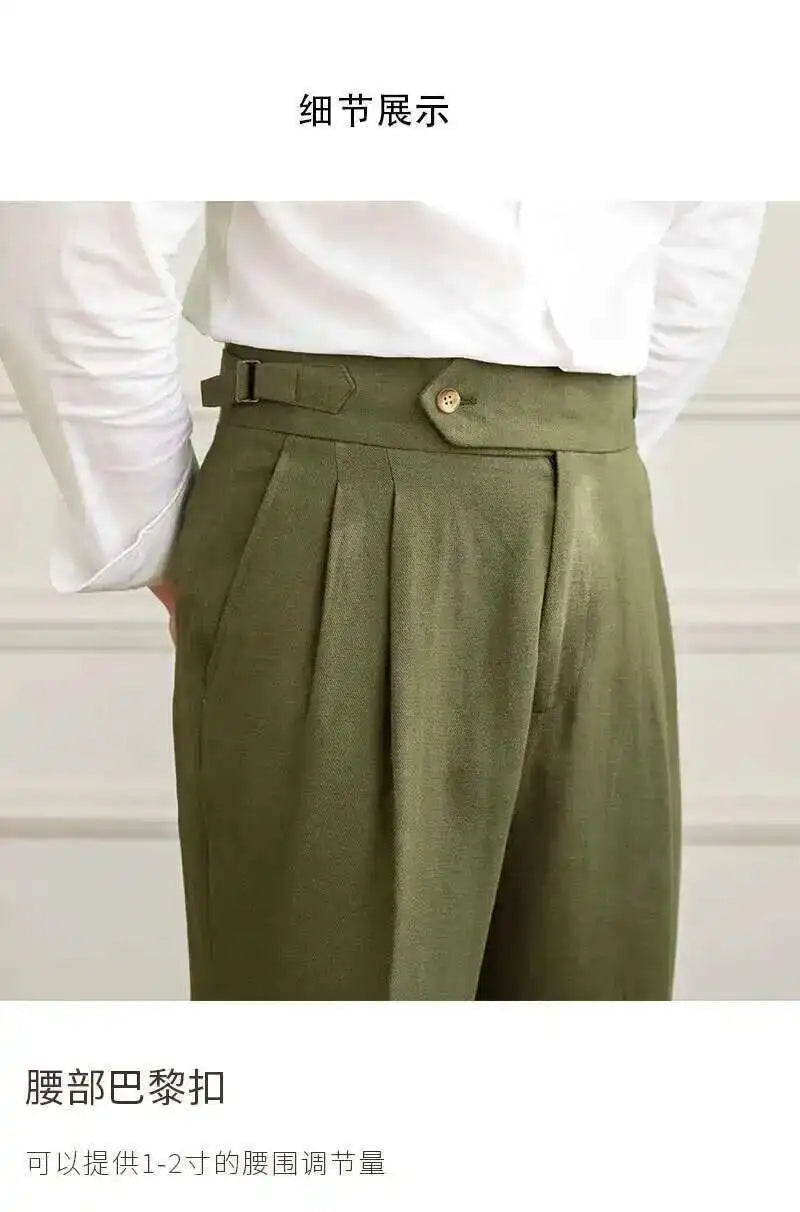 Linen Cotton High Waist Straight Casual Pants Men Versatile Naples Gentleman Pleated Pants High Quality Italian Dress Trousers