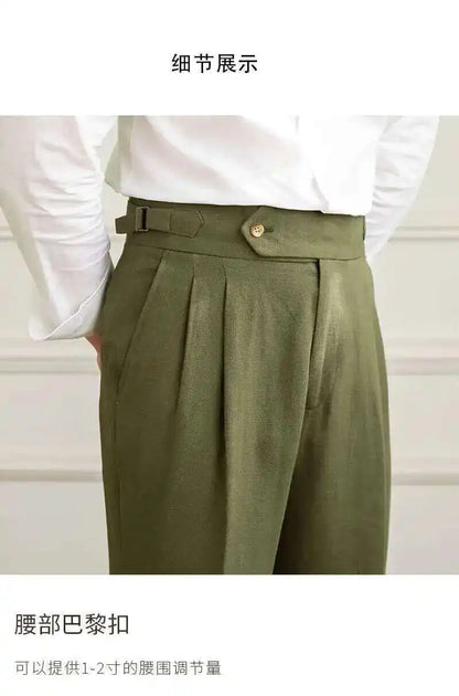 Linen Cotton High Waist Straight Casual Pants Men Versatile Naples Gentleman Pleated Pants High Quality Italian Dress Trousers